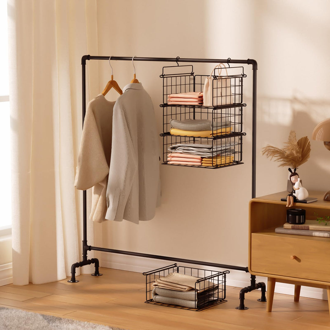 Chemailon 3 Tier Hanging Stackable Closet Organizer Wire Storage Bin Basket Drawers Shelves for Clothes Sweaters Handbags Clutches Black