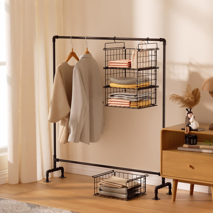 Chemailon 3 Tier Hanging Stackable Closet Organizer Wire Storage Bin Basket Drawers Shelves for Clothes Sweaters Handbags Clutches Black