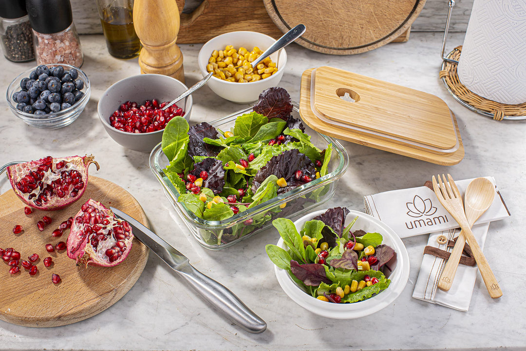 Umami Glass & Bamboo Meal Prep Container, Food Storage Container, Leakproof and Plastic Free, Stylish Microwave/Dishwasher Safe Small Bento Lunch Box For Men/Women (Glass 22 oz)