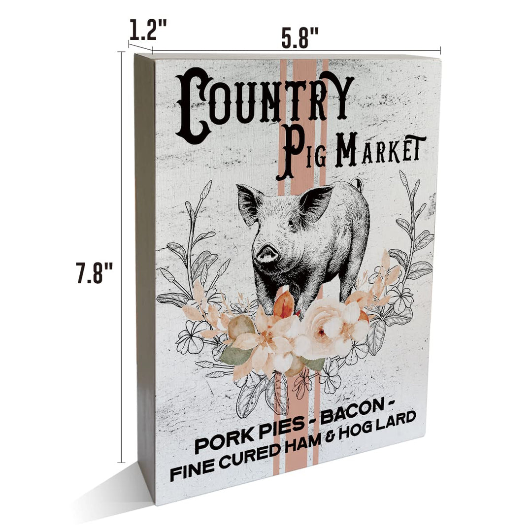 Farmhouse Country Pig Market Wooden Box Sign Pig Wood Block Tabletop Sign Decorative Desk Sign Home Kitchen Shelf Decor 5.8 X 7.8 Inches