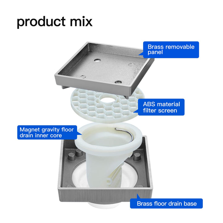 SUBMARINE Square Shower Drain 4 Inch, Shower Drain Cover Can be Embedded in Ceramic Tile, Built-in Hair Filter Screen and Floor Drain Backflow Preventer, Suitable for Bathroom and Kitchen