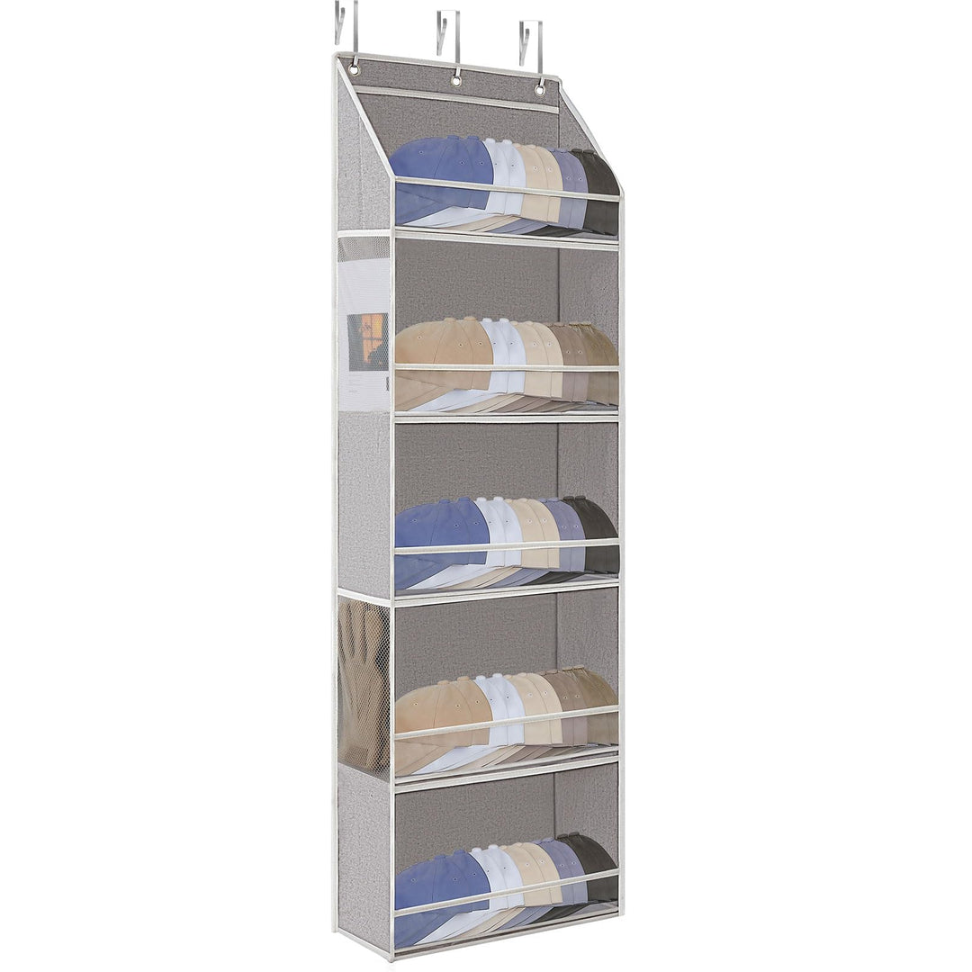 LoforHoney Home Hat Rack for Door, 5-Shelves Hat Organizer for Baseball Caps, Over Door Hat Storage with Clear Window, Cap Holder Organizer, Light Gray, 15.8'x3.1'x49.6'