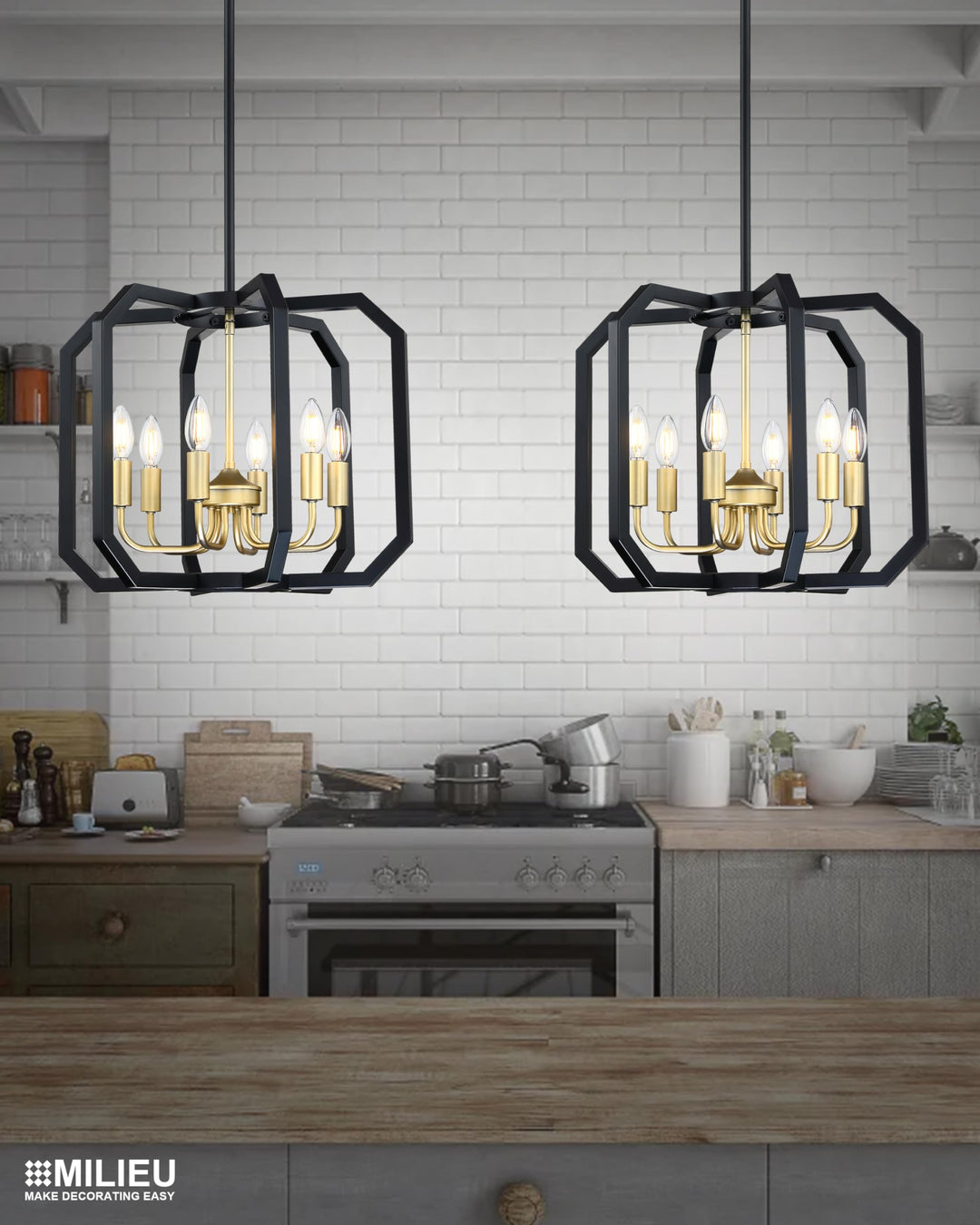 Doraimy Lighting 6 Light Farmhouse Adjustable Rod Black Pendant Light Fixtures Gold Finish,Rustic Hanging Ceiling Chandelier Light for Foyer Dining Room Kitchen Island Hallway