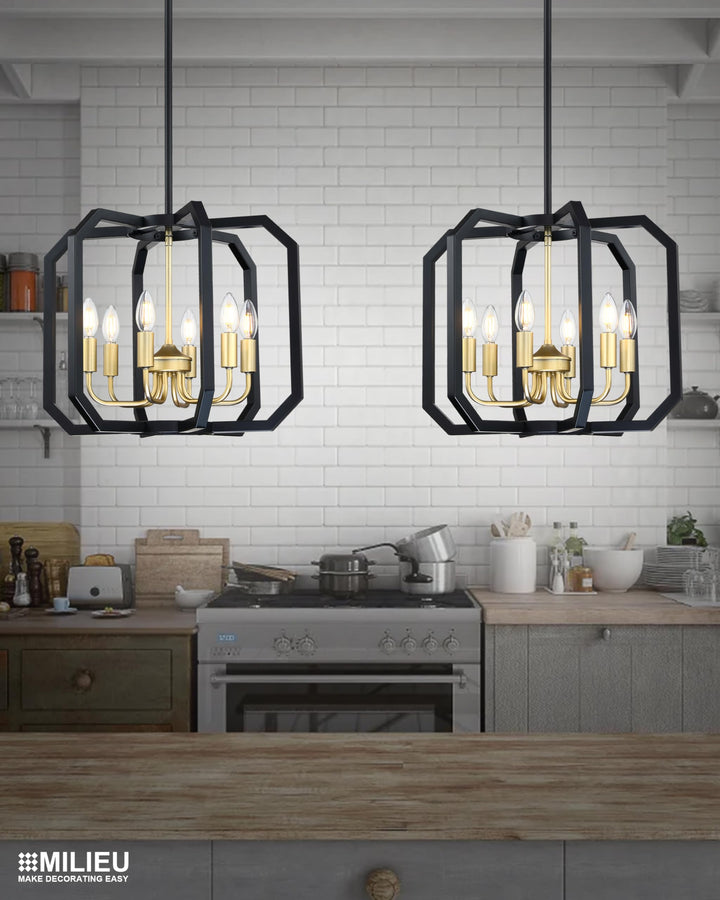 Doraimy Lighting 6 Light Farmhouse Adjustable Rod Black Pendant Light Fixtures Gold Finish,Rustic Hanging Ceiling Chandelier Light for Foyer Dining Room Kitchen Island Hallway
