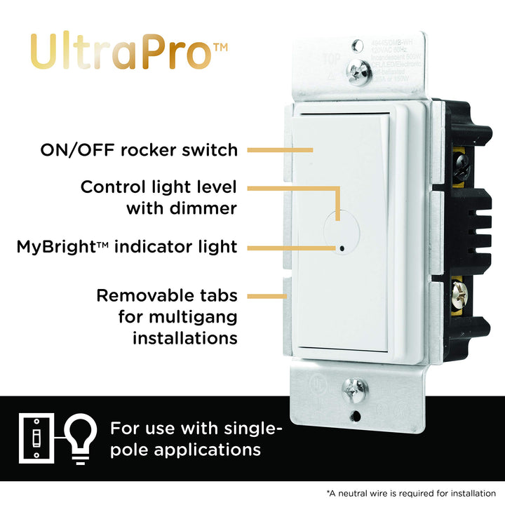 UltraPro, Dimmable LED, CFL & Incandescent Bulbs, Single Pole, On/Off Rocker Switch, Button, White, 49445 MyBright in-Wall Dimmer