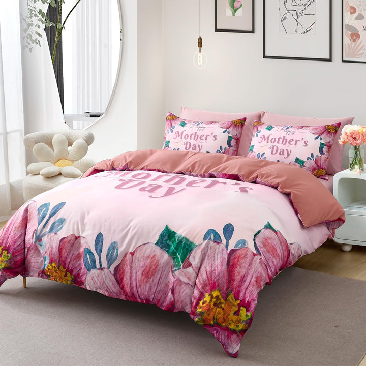 Menghomeus Happy Mothers Day Gifts for Mom Pink Floral Duvet Cover Set Queen Garden Bedding Sets Birthday Gifts for Mom from Daughter Son