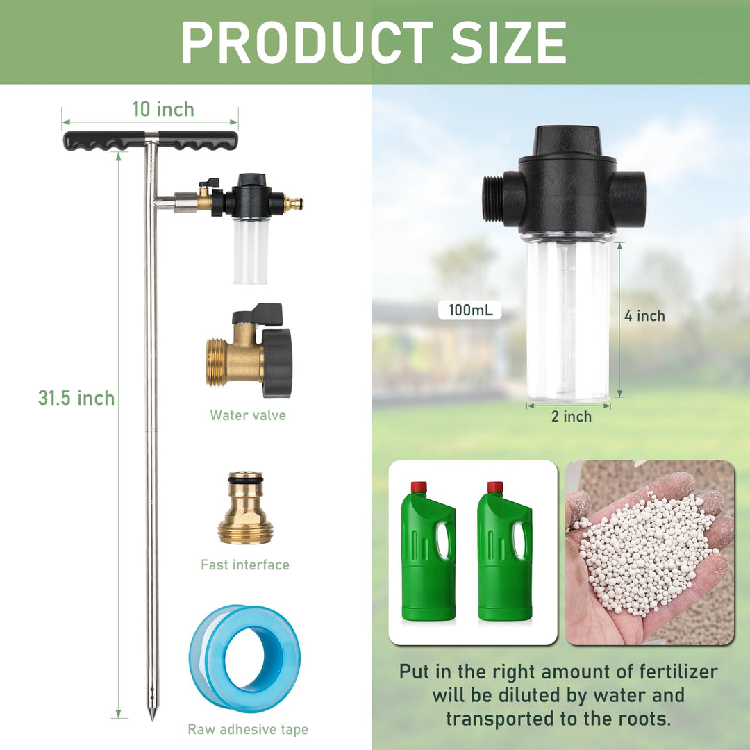 Root Feeder Deep Watering Fertilizing Spike with Fertilizer Dispenser & Quick Connector Stainless Plant Save Watering Toll for Promote Outdoor Garden Tree Shrubs Growth with T-Handle Irrigation System