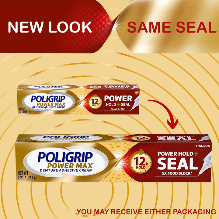 Poligrip Power Max Power Hold plus Seal Denture Adhesive Cream, Denture Cream for Secure Hold and Food Seal, Flavor Free - 2.2 oz