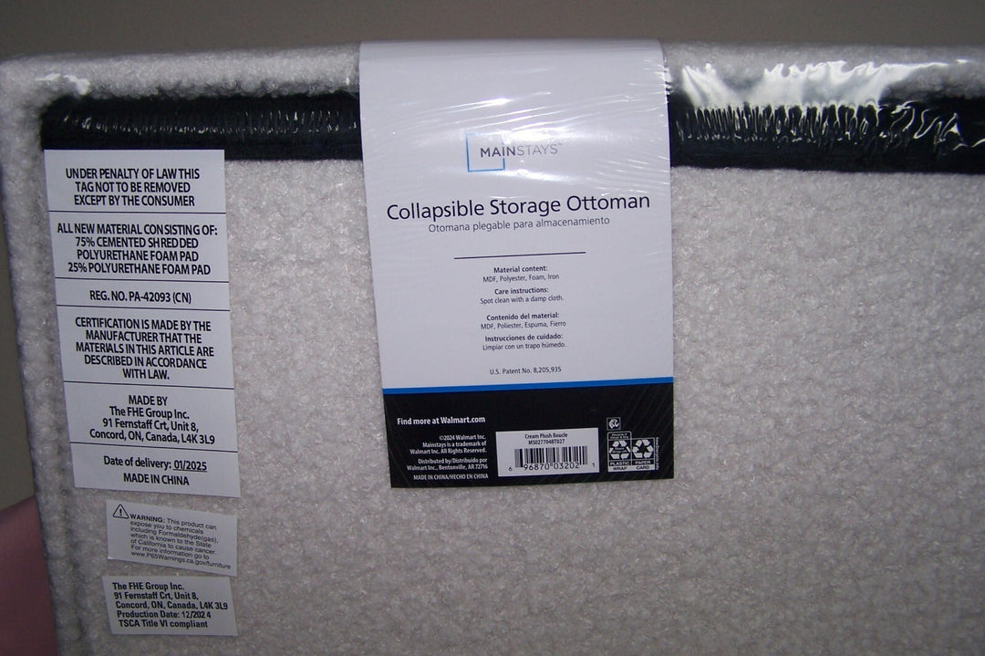 Mainstays Collapsible Storage Ottoman Square 15" X 15" X 15" Cream Plush Boucle