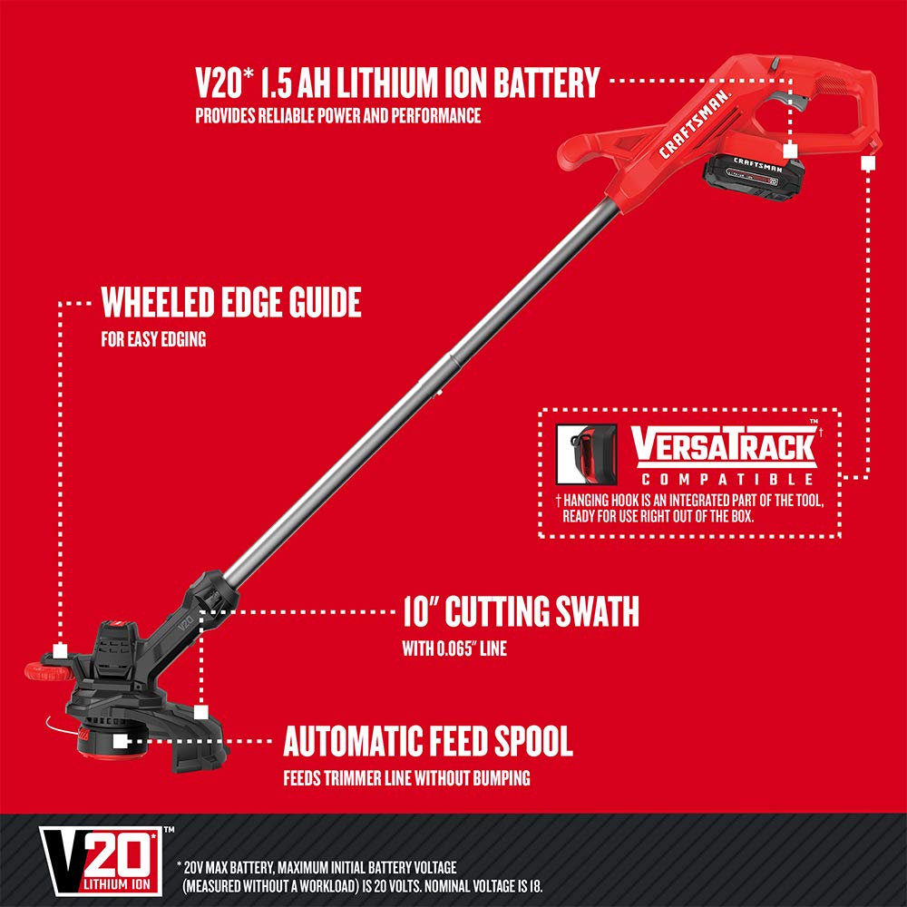 CRAFTSMAN CMCST915C1 V20* Cordless 10 in. WEEDWACKERÂ® String Trimmer and Edger Kit