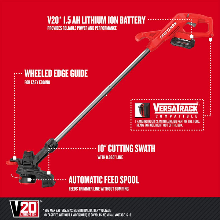 CRAFTSMAN CMCST915C1 V20* Cordless 10 in. WEEDWACKERÂ® String Trimmer and Edger Kit