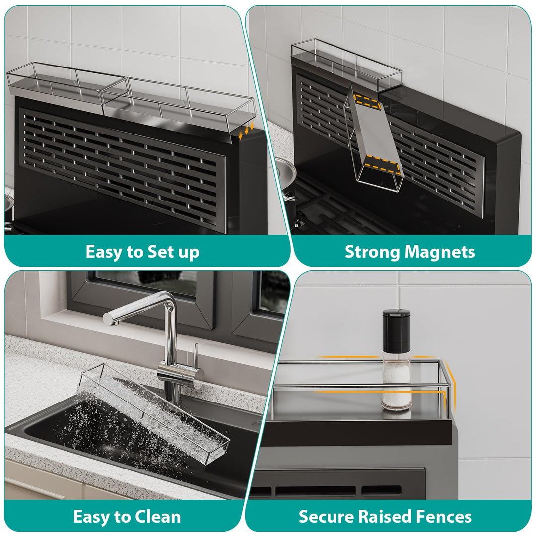 SYDWORKSHOP 30" Magnetic Shelf for Stove tops, 2 Pack 15'' Stove Spice Racks Organizer with Strong Magnets and Adhesive Pads for Small Kitchens (Silvery)