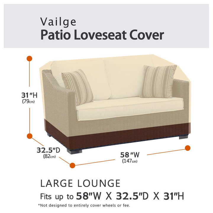 Vailge 2-Seater Heavy Duty Patio Bench Loveseat Cover, 100% Waterproof Outdoor Sofa Cover, Lawn Patio Furniture Covers with Air Vent, Small(Standard), Beige & Brown