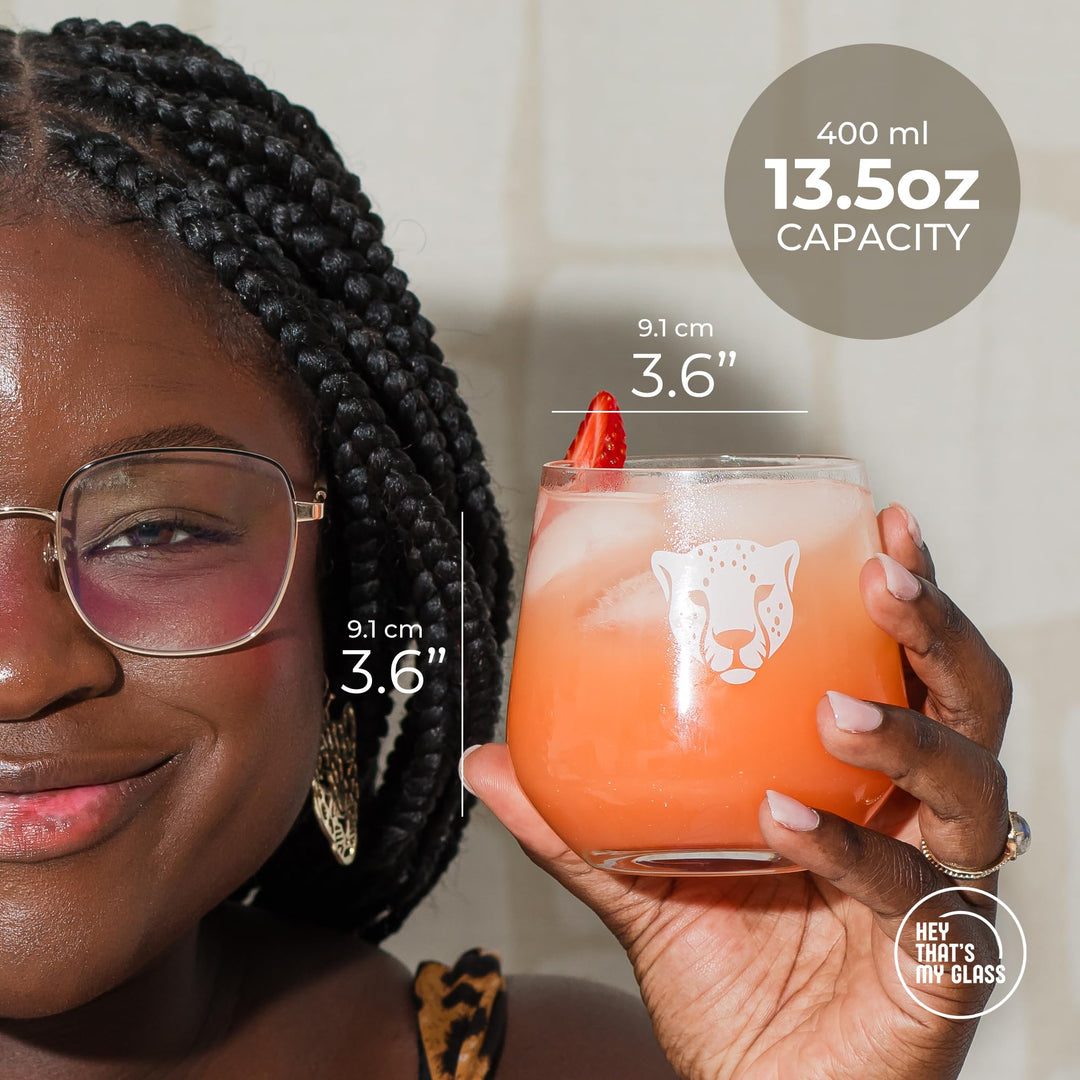 Unique Stemless Wine Glass - Cheetah | Identifiable Animal-Themed Glassware for Cocktails, Wine, Water & Whiskey | 13.5oz Single Glass