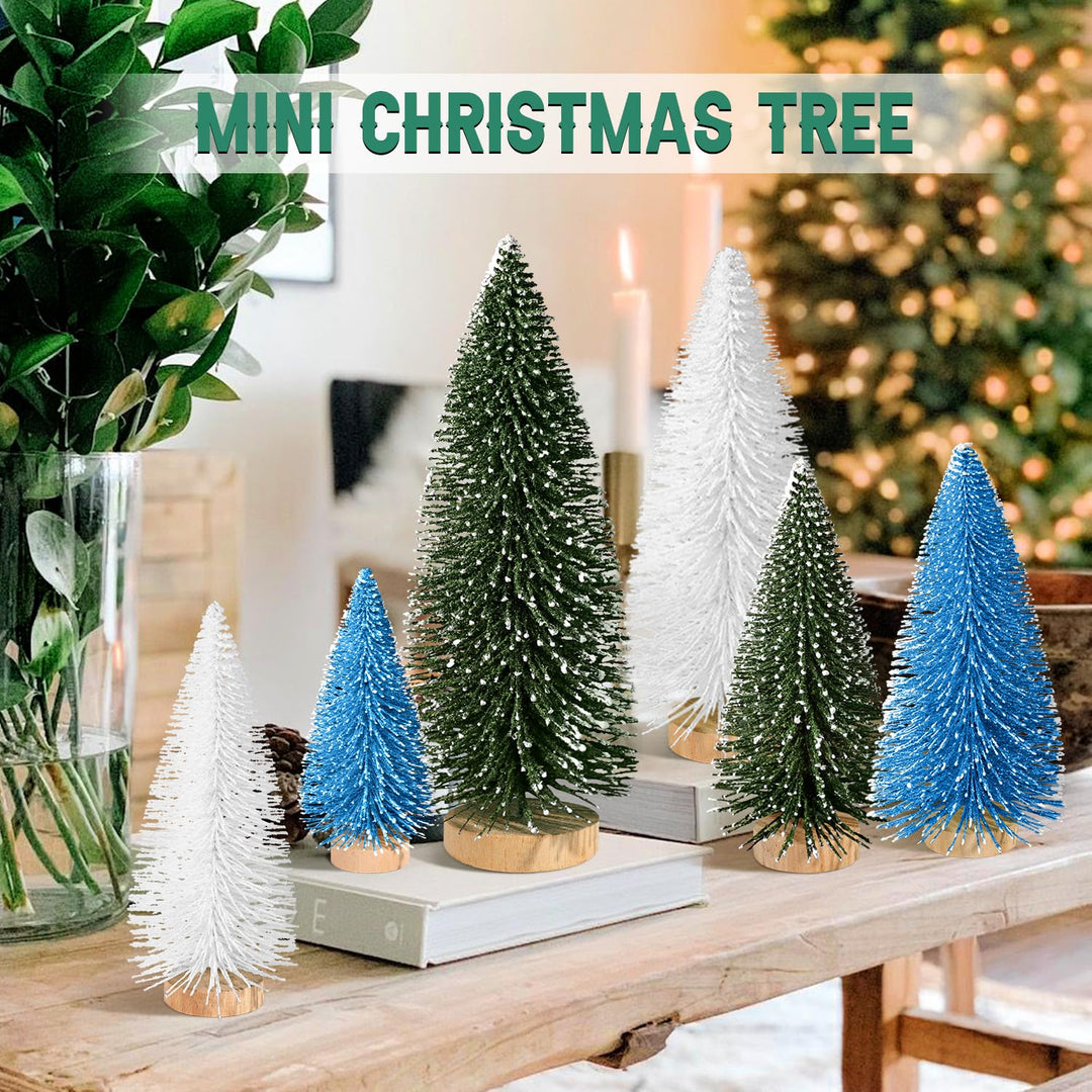 6pcs Mini Christmas Trees Christmas Decor, Artificial Christmas Mini Bottle Brush Trees Tabletop, Christmas Decoration Trees with 4 Size Xmas Holiday Decor (6pcs Green+Blue+White)