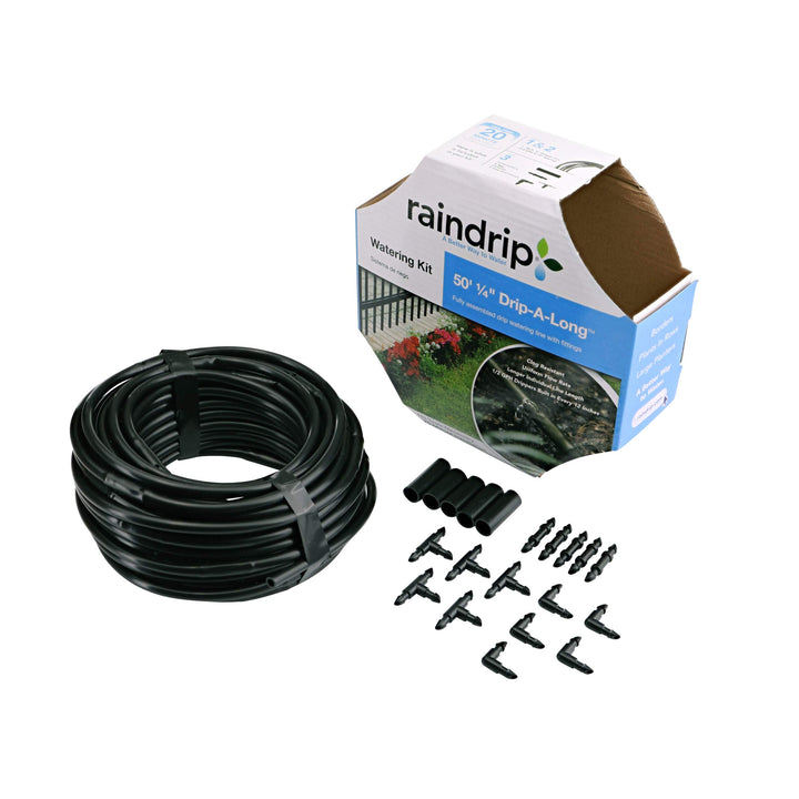 Raindrip R280DT Drip-A-Longâ„¢ 1/4 in. Dripline Kit includes 50 feet of 1/4-Inch Dripline preassembled with 1/2 GPH drippers, 5 Barbed Tees, 5 Barbed Elbows, 5 Barbed Couplings, 5 End Plugs