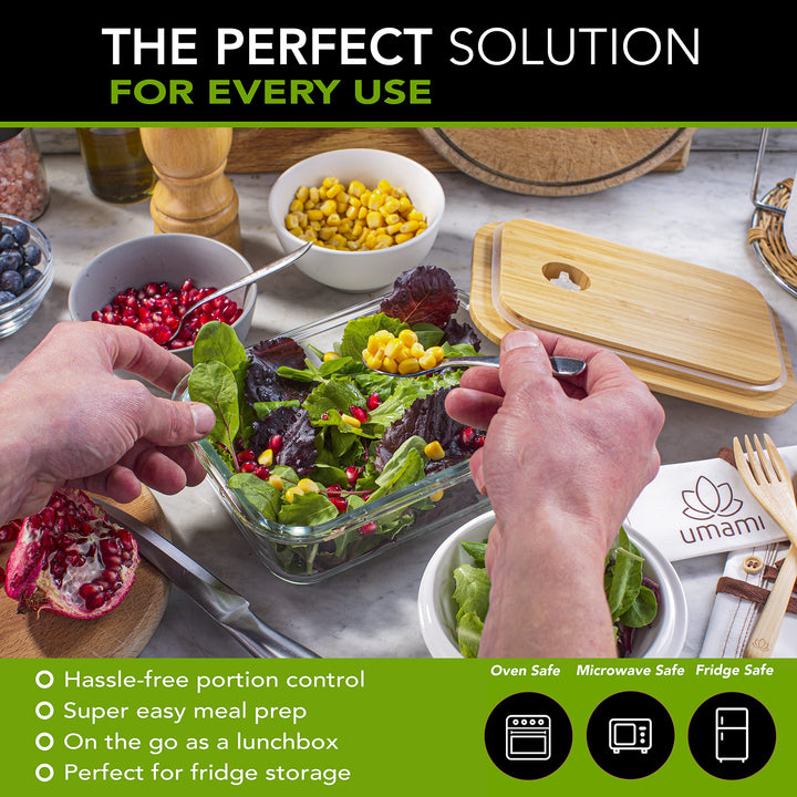 Umami Glass & Bamboo Meal Prep Container, Food Storage Container, Leakproof and Plastic Free, Stylish Microwave/Dishwasher Safe Small Bento Lunch Box For Men/Women (Glass 22 oz)