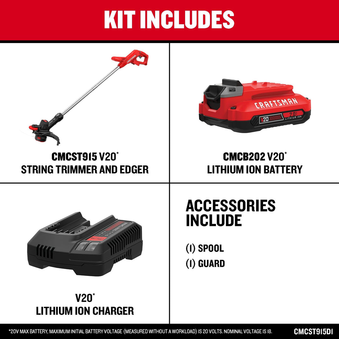 CRAFTSMAN V20 Cordless 10 in. WEEDWACKER String Trimmer and Edger Kit with 2.0 Ah Battery and Charger (CMCST915D1)