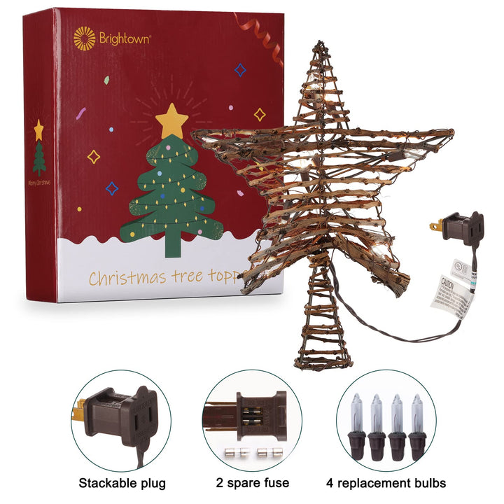 Christmas Star Tree Topper, Plug in 12" 3D Tree Star Topper, Rustic Rattan Natural Built-in 10-Bulb String Lights for Vintage Classic Christmas Decorations New Year Holiday Home Office Indoor
