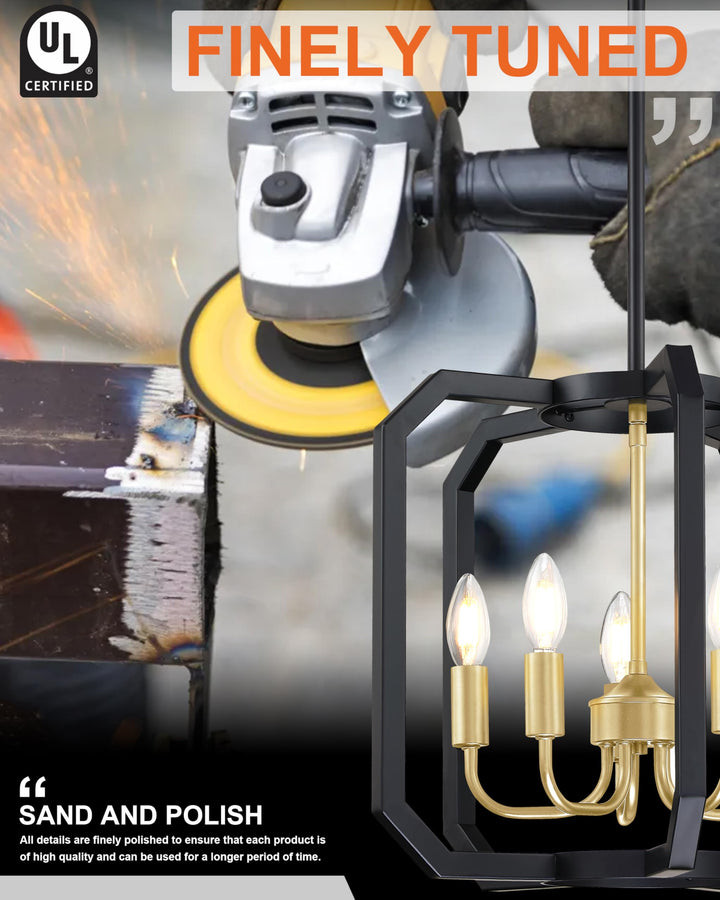 Doraimy Lighting 5 Light Farmhouse Adjustable Rod Black Pendant Light Fixtures Gold Finish,Rustic Hanging Ceiling Chandelier Light for Foyer Dining Room Kitchen Island Hallway