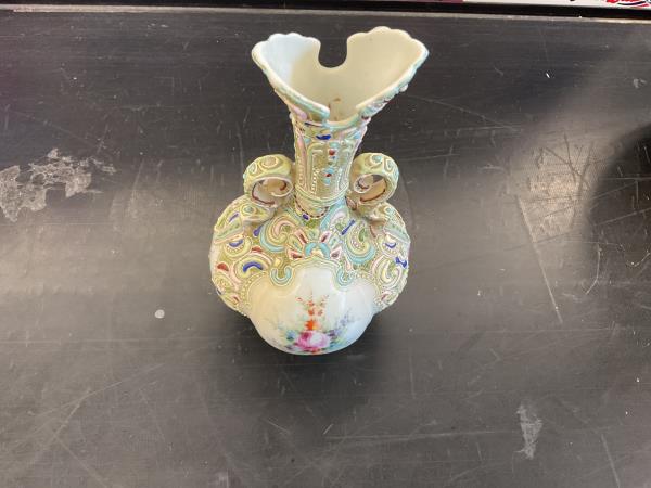 Ornate Porcelain Vase with Floral Motif and Scroll Handles Retail $75.00