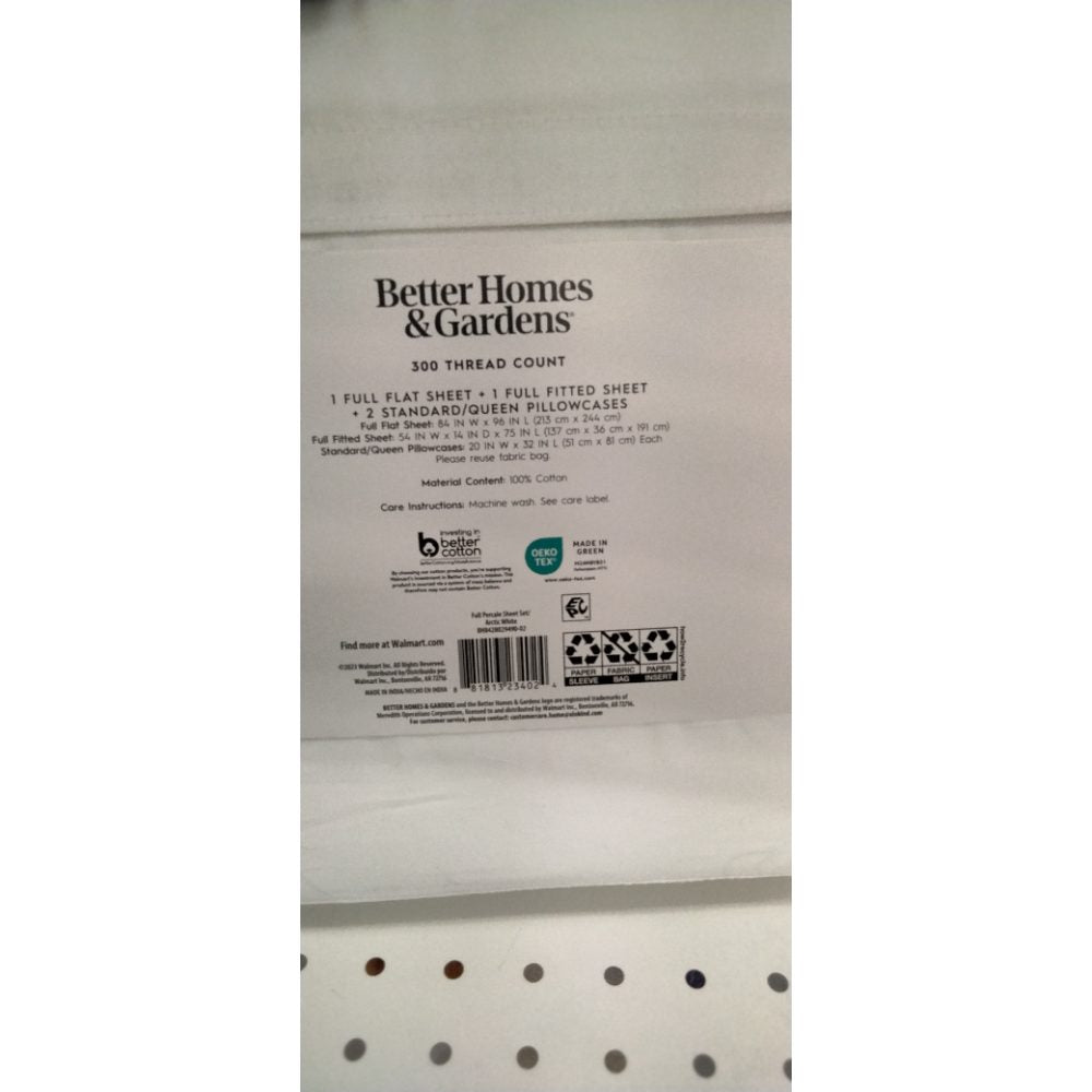 Better Homes & Gardens Cool & Crisp 4-Piece 300 Thread Count Arctic White Cotton Percale Sheet Set  Full