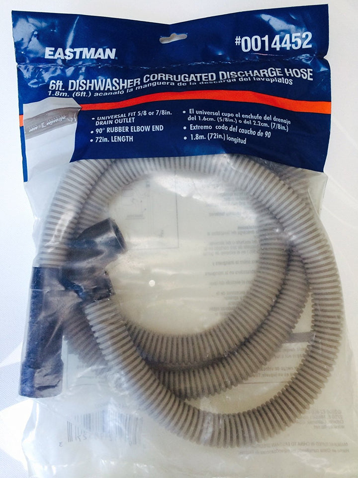 6' Dishwasher Corrugated Discharge Hose -- Universal fit 5/8" or 7/8" drain outlet -- 89 degree rubber elbow end, 72" length