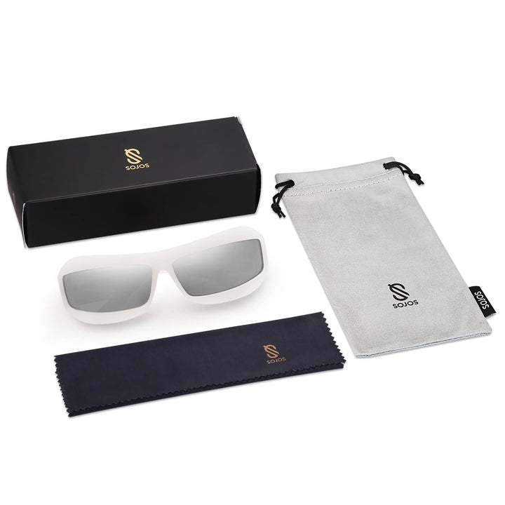 SOJOS Wrap Around Futuristic Sunglasses for Women Men Shield Flat Top Sunglasses Sun Glasses SJ2268 White Frame Silver Lens