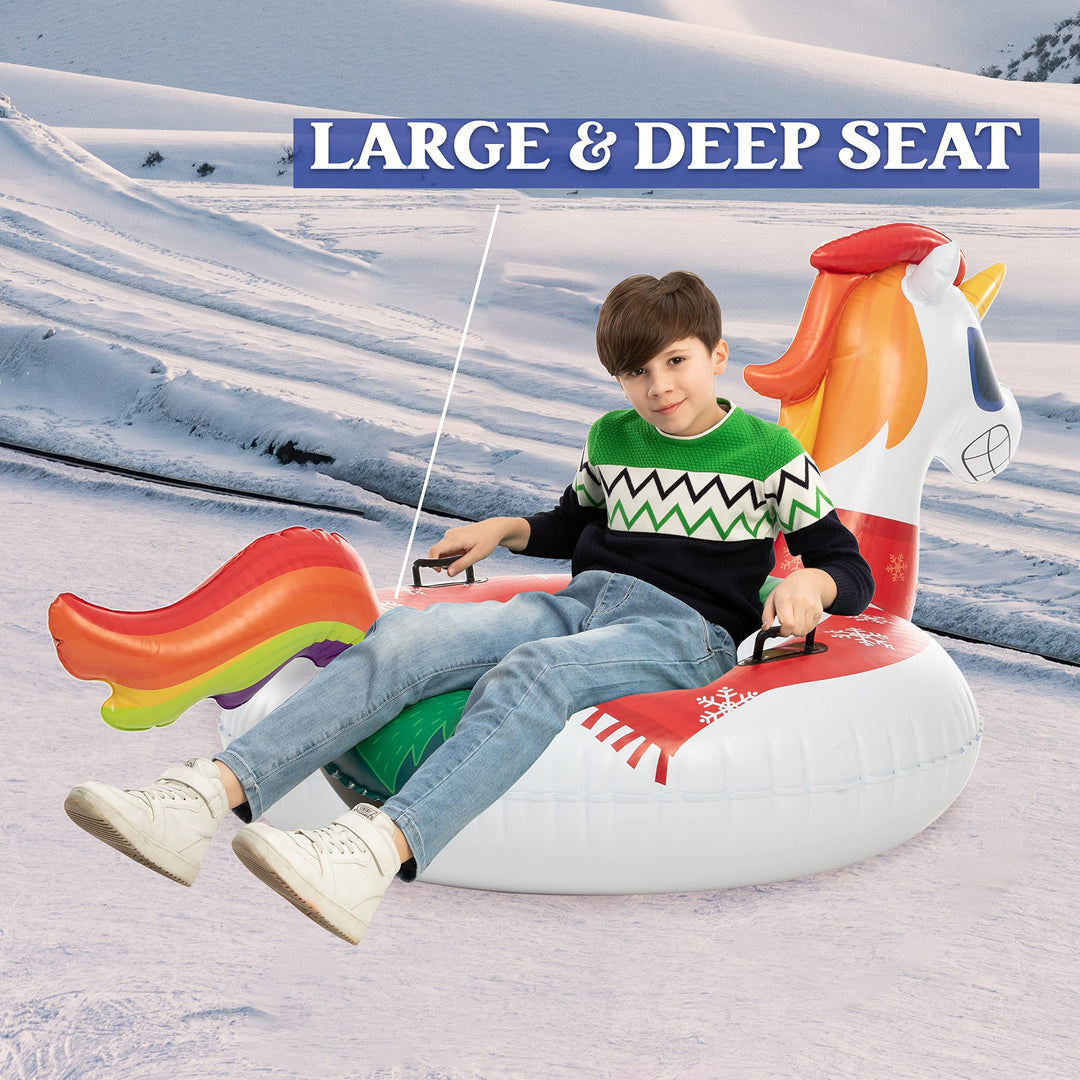 JOYIN 47â€ Inflatable Snow Tube, Heavy-Duty Snow Tube for Sledding, Great Snow Sled for Kids and Adults, Blow Up Snow Sled with Handles for Boys and Girls Family Winter Fun Activities(Unicorn)