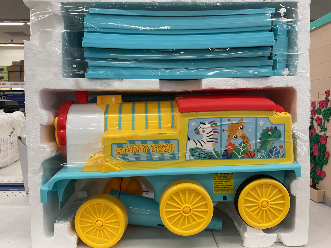 Glacier Ride on Train with 16 pieces tracks for kids, Electric Ride on Toy with Lights & Sounds, Storage box, Blue, Retail $62.99