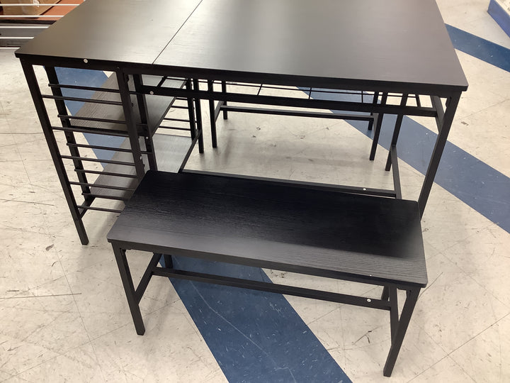 space-saving 3-piece dining table set with two tuck-away benches, a built-in wine rack, and lateral side shelving