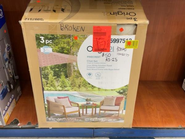 CLEARANCE-Pinecrest Origin 3 pc Chat Set, Ivory White Cushions, Real Wood Frame Retail $106.00