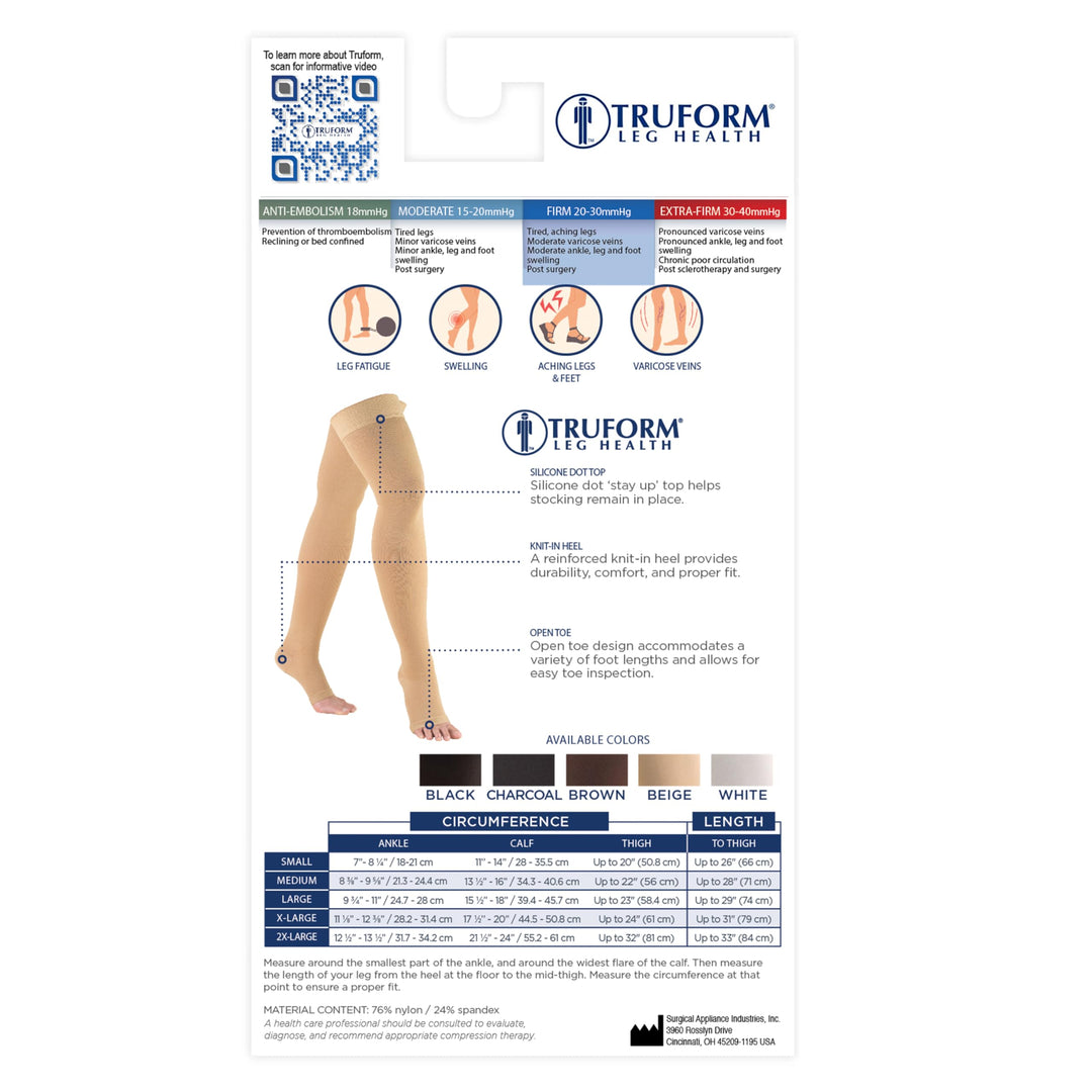 Truform 20-30 mmHg Compression Stockings for Men and Women, Thigh High Length, Dot-Top, Open Toe, Black, Large