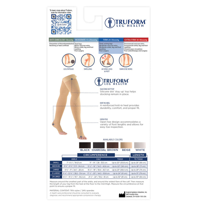 Truform 20-30 mmHg Compression Stockings for Men and Women, Thigh High Length, Dot-Top, Open Toe, Black, Large