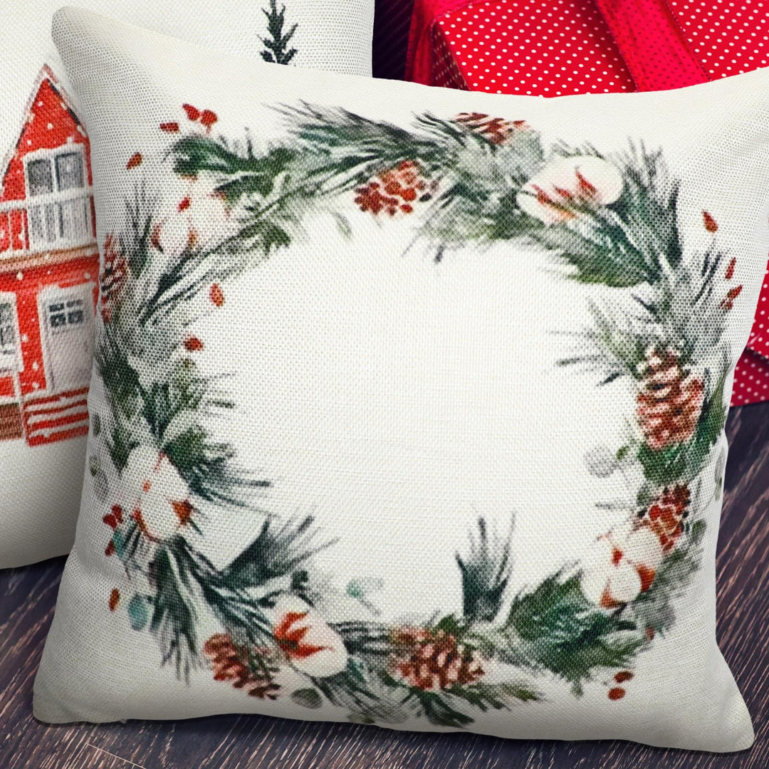 Preboun 4 Sets Christmas Pillow Covers Decorations Rustic Watercolor Winter Holiday Cushion Covers Xmas Tree Wreath Throw Pillow Case for Farmhouse Home Decor(18 x 18 Inch)