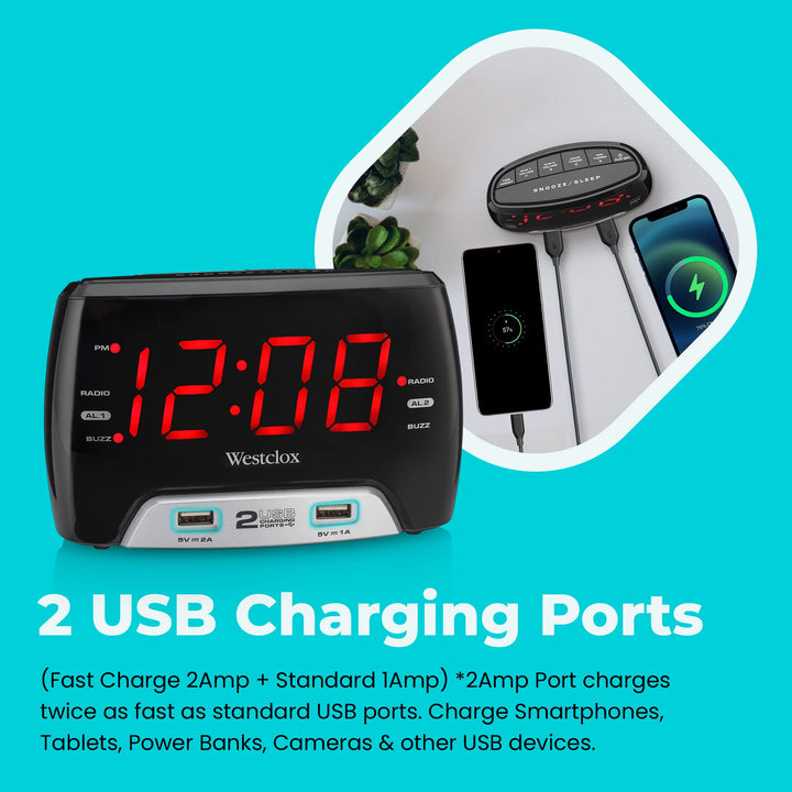 Westclox Large 1.4â€ Red LED Digital FM Clock Radio with Dual USB A & C Charging Ports, Adjustable Brightness, Dual Alarms & Sleep Timer â€“ Modern Alarm Clock for Bedroom, Home, or Office (Black)