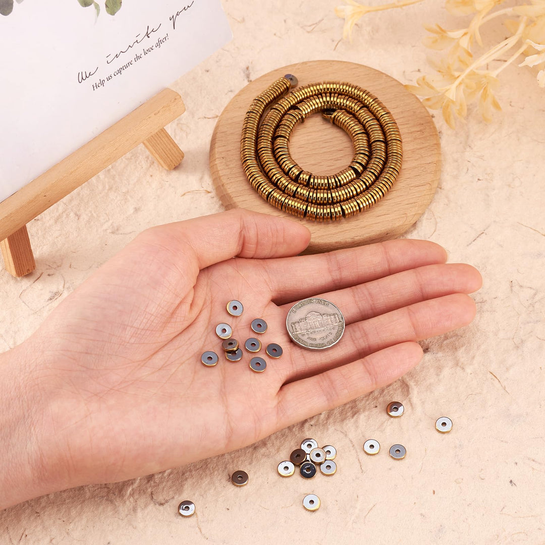 Cheriswelry 370pcs 6x1mm Flat Round Metal Heishi Beads Spacer Gold Plated Hematite Beads Friendship Bracelet Boho Beads Flat Disc Coin Loose Beads for Surfer Bohemian Jewelry Making Supplies