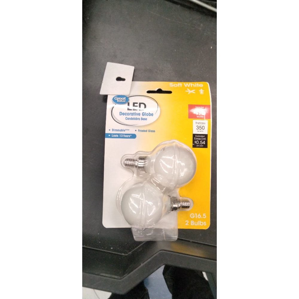Great Value LED  4.5W (40W Eqv) G16 Globe Lamp E12 Candelabra Base  Dimmable  Soft White  2pk
