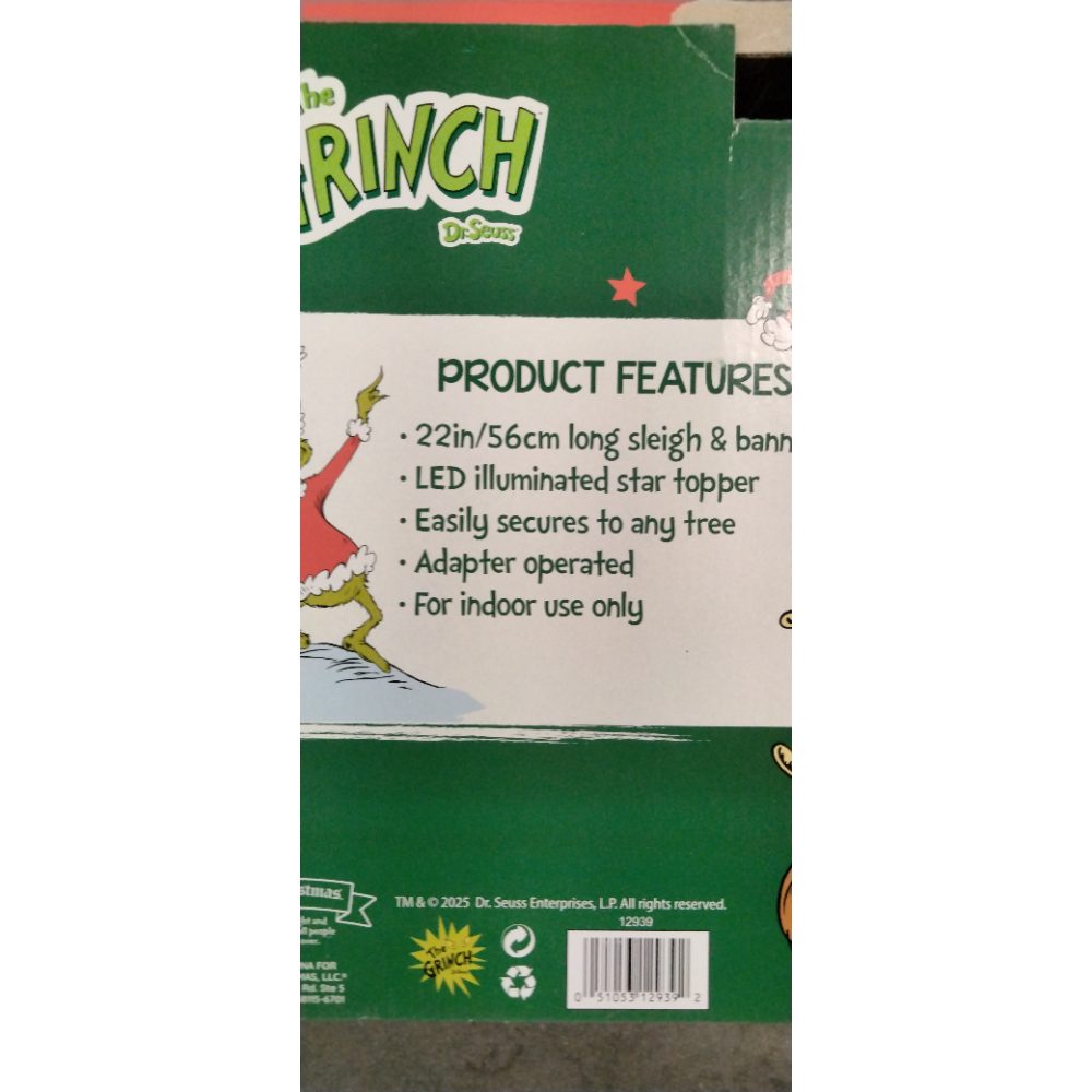 Mr. Christmas The Grinch Animated Tree Topper - LED Star, 22" Long Sleigh & Banner Retail $60.00