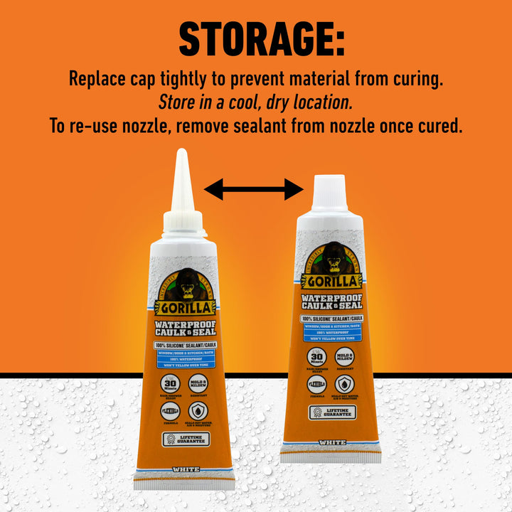Gorilla Waterproof Caulk & Seal Silicone Sealant, 2.8oz Squeeze Tube (Pack of 1) - White Caulking Sealant for Kitchen, Window, Bath, Marine, Door and More