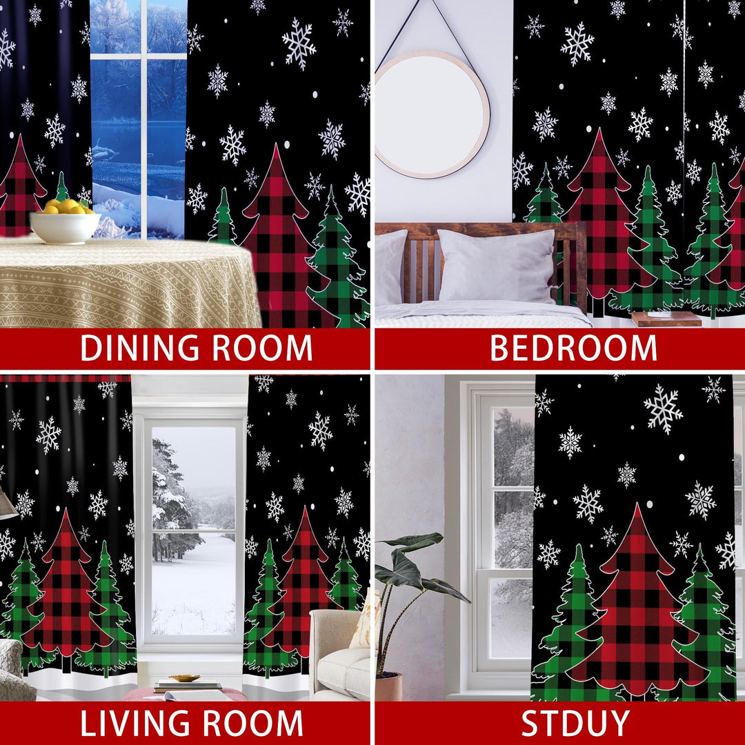 Christmas Living Room Curtains, Christmas Decorations Sheer Curtains 63 inch Length 2 Panels Set, Buffalo Plaid Christmas Tree Decor Bedroom Curtain Window Drapes Light Filtering Valance 52x63