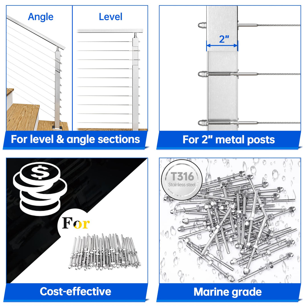 Muzata 60Pack 1/8" Cable Railing Kit Hand Swage Threaded Stud Tensioner 2x2 Metal Post with Cable Cutter Deck Stair Cable Railing Hardware