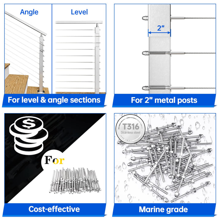 Muzata 60Pack 1/8" Cable Railing Kit Hand Swage Threaded Stud Tensioner 2x2 Metal Post with Cable Cutter Deck Stair Cable Railing Hardware