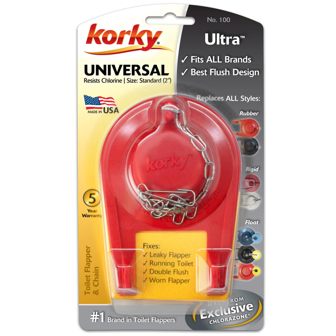 Korky Ultra Standard 2-Inch Universal Toilet Flapper - Long Lasting Rubber - Easy to Install - Made in USA, 100BP