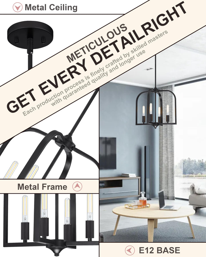 Dolaimi House 4 Light 15'' Rustic Metal Lantern Cage Farmhouse Kitchen Island Pendant Light Fixture,Modern Industrial Black Finish for Dining Room Bedroom Foyer Entry Porch Over Sink(E12 Base)