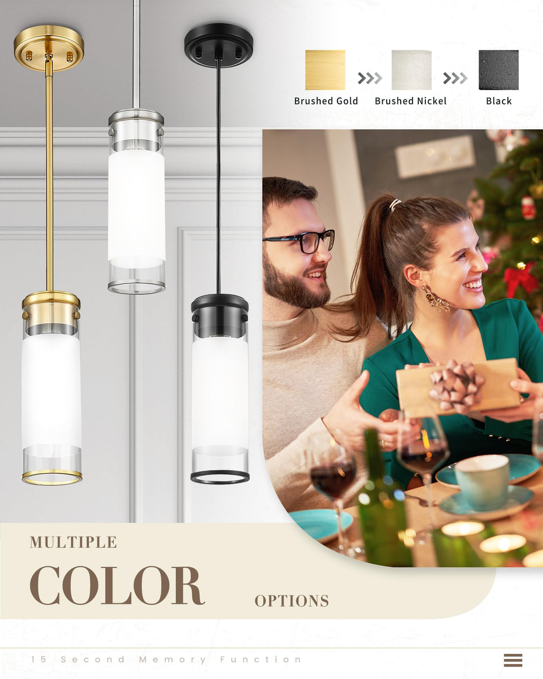 JAZAVA LED Pendant Light Fixture, Modern Hanging Light with Brushed Nickel Finish, 8W 3000/4500/6000K Kitchen Island Light for Dining Room Bedroom Bathroom Hallway (3 Pack), PL105BN-3PK