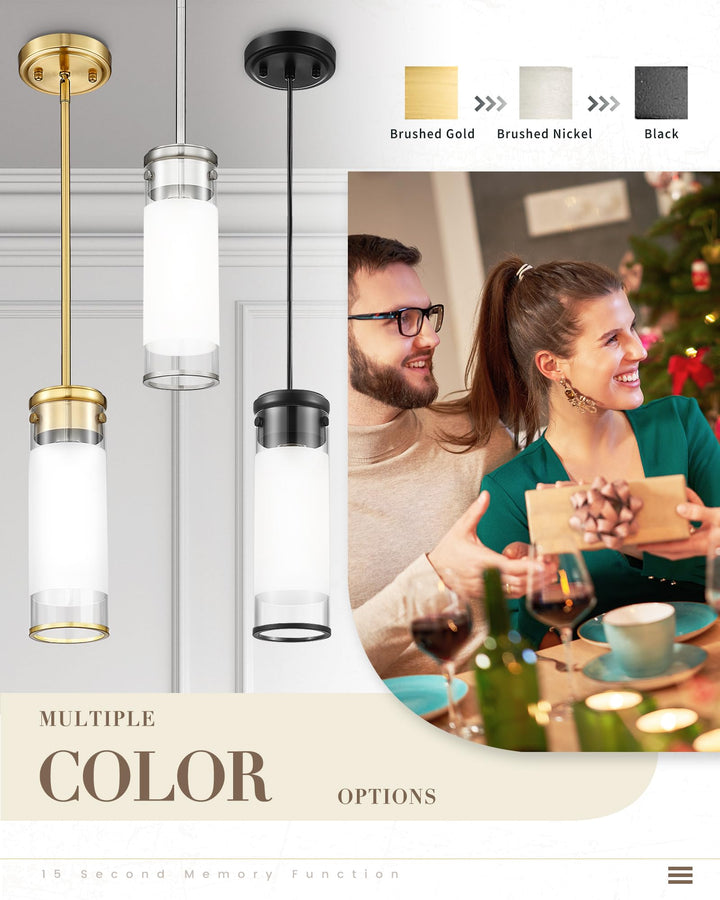 JAZAVA LED Pendant Light Fixture, Modern Hanging Light with Brushed Nickel Finish, 8W 3000/4500/6000K Kitchen Island Light for Dining Room Bedroom Bathroom Hallway (3 Pack), PL105BN-3PK