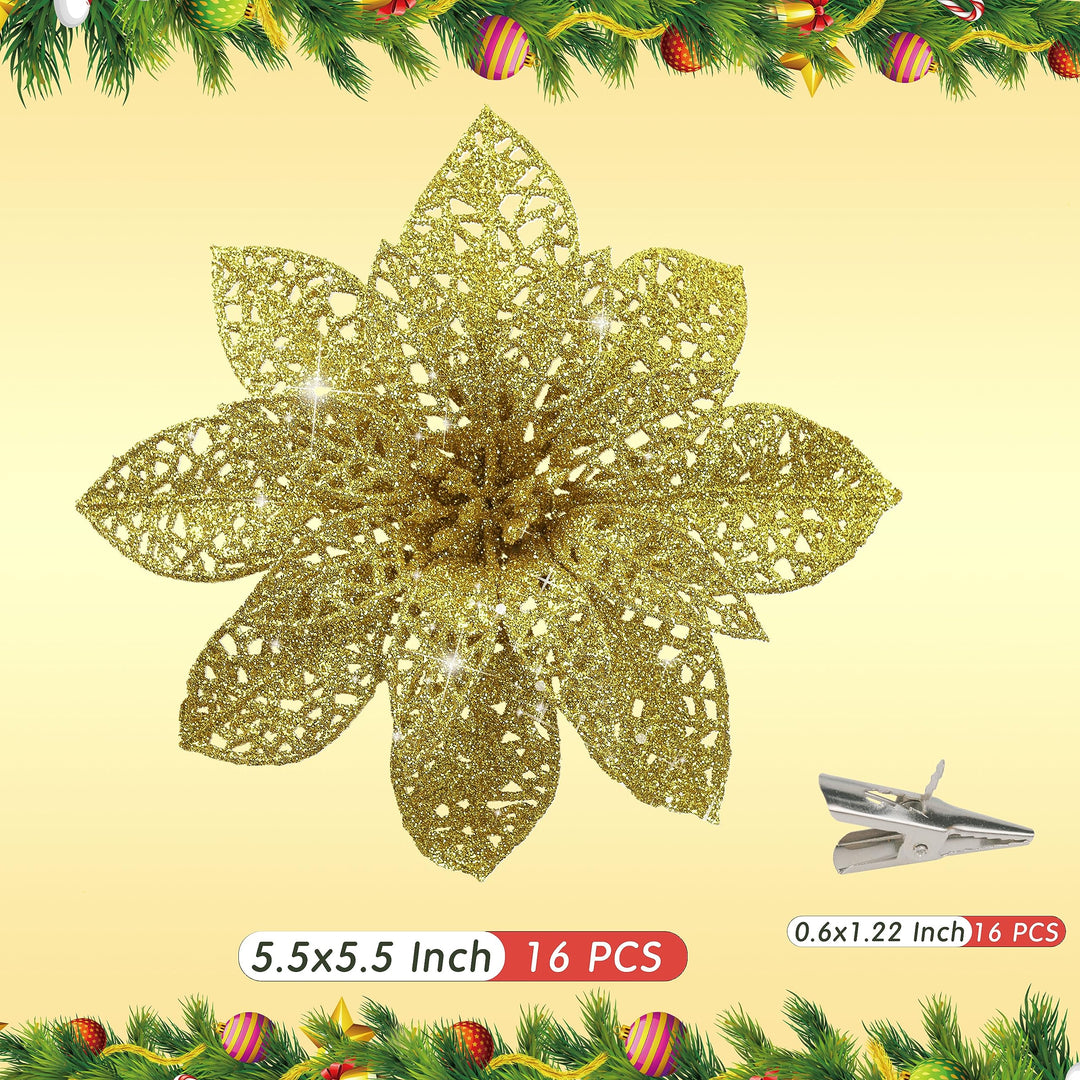 16 PCS 5.5'' Gold Poinsettia Christmas Decorations,Glitter Poinsettias Artificial Christmas Flowers with Clips,Christmas Ornaments Christmas Tree Decorations DIY Xmas Wreath Holiday Home Party Decor