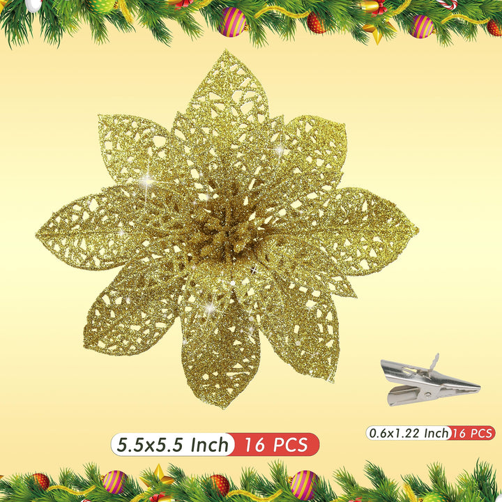 16 PCS 5.5'' Gold Poinsettia Christmas Decorations,Glitter Poinsettias Artificial Christmas Flowers with Clips,Christmas Ornaments Christmas Tree Decorations DIY Xmas Wreath Holiday Home Party Decor
