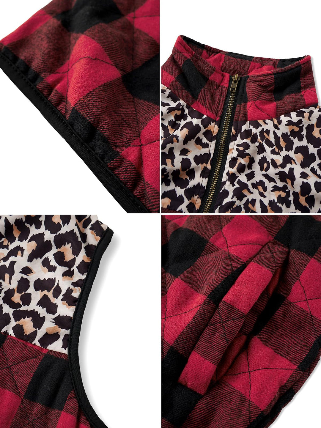 FAIRY SEASON Christmas Buffalo Plaid Vest For Women Leopard Sleeveless Cardigan Women Coat Zipper Jacket Gilet with Pockets Retail $49.00